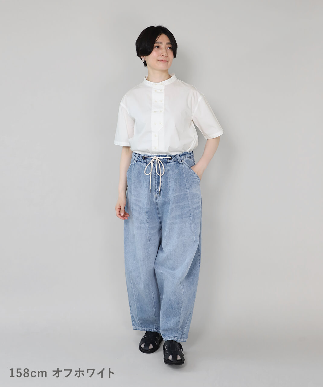 mumokuteki秘密のダブルボタン半袖シャツ オフホワイト 着画