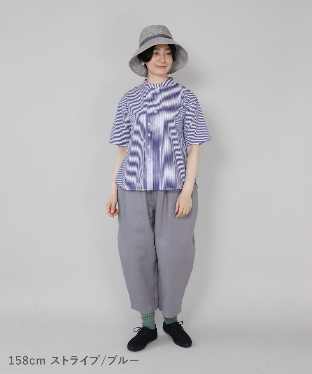 mumokuteki秘密のダブルボタン半袖シャツ ストライプ/ブルー 着画