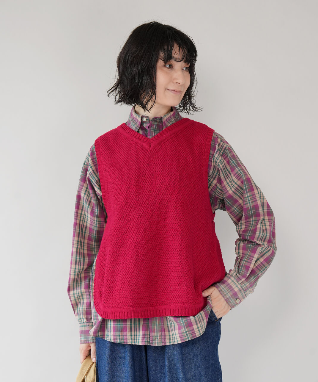みんなの定番鹿の子編みの2WAYベスト　レッド　着画