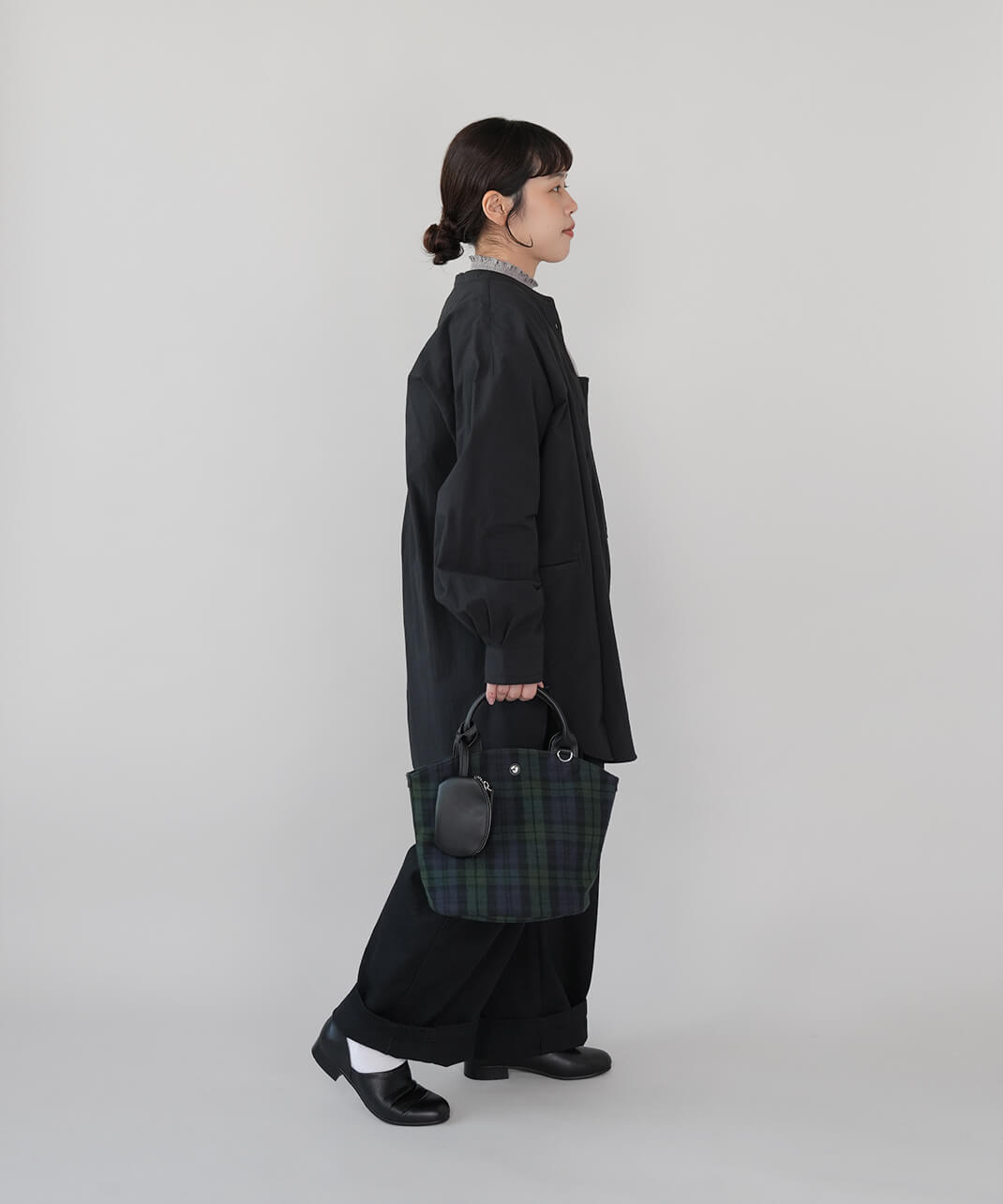 CACHELLIEミニポーチ付きタータンチェックトート　グリーン　コーデ