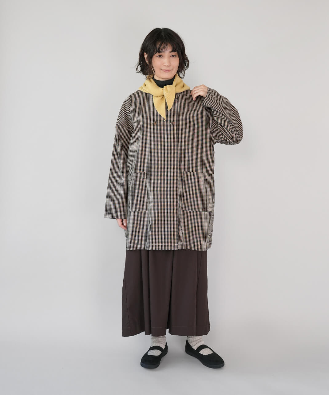  mumokutekiチェック柄のダブルボタンコート　ガンクラブチェック　コーデ